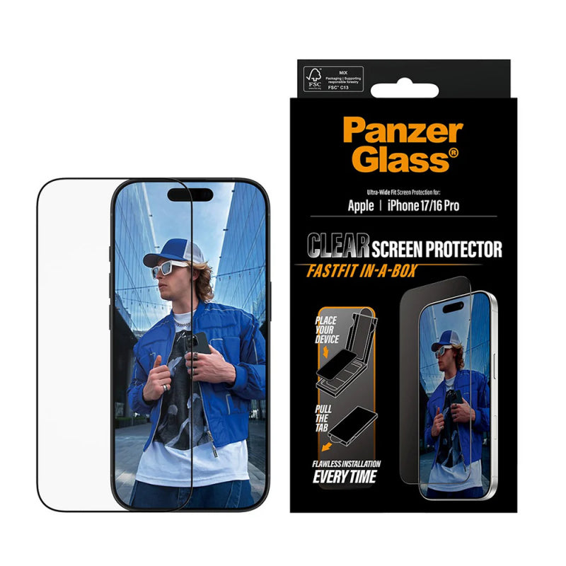 Folie de protectie Ecran PanzerGlass Ultra-Wide Fit Fastfit pentru Apple iPhone 17 / 16 Pro, Sticla Securizata, Full Glu