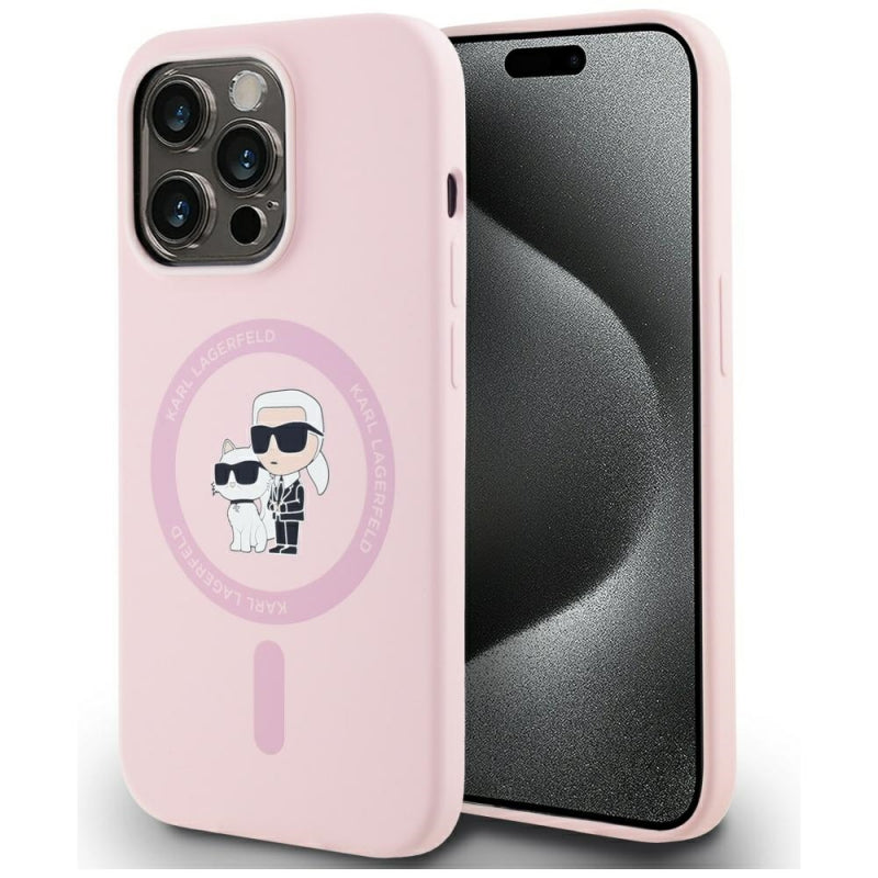 Husa MagSafe pentru Apple iPhone 14 Pro, Karl Lagerfeld, Silicone Karl & Choupette - Roz - NotebookGsm