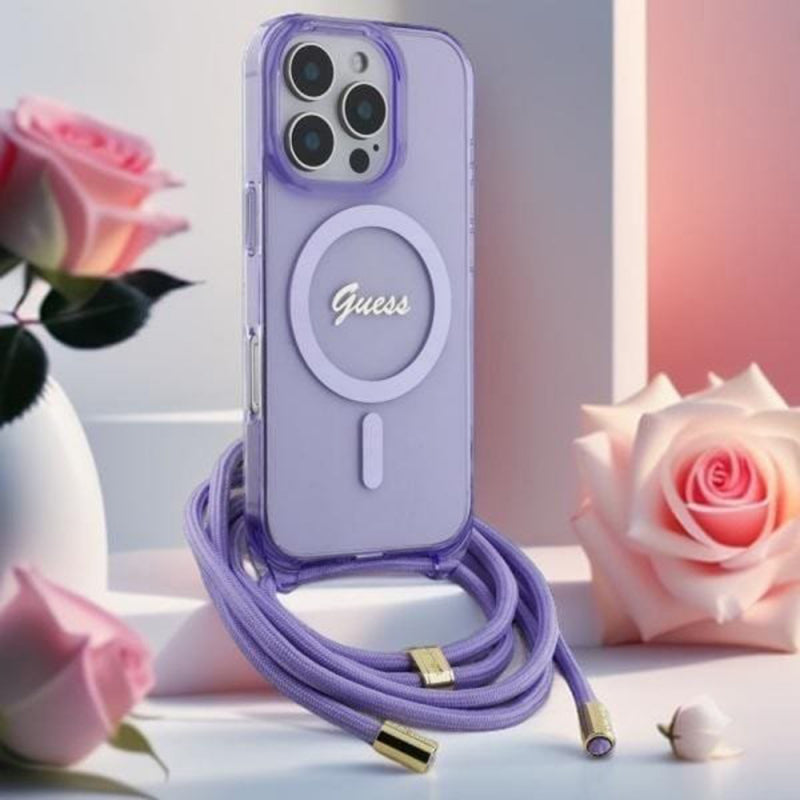 Husa MagSafe pentru Apple iPhone 16, Guess, IML Crossbody Cord Script