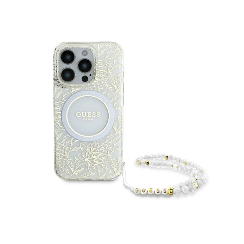 Husa MagSafe pentru Apple iPhone 16 Pro, Guess, IML Flowers Allover Electroplated with Pearl Strap