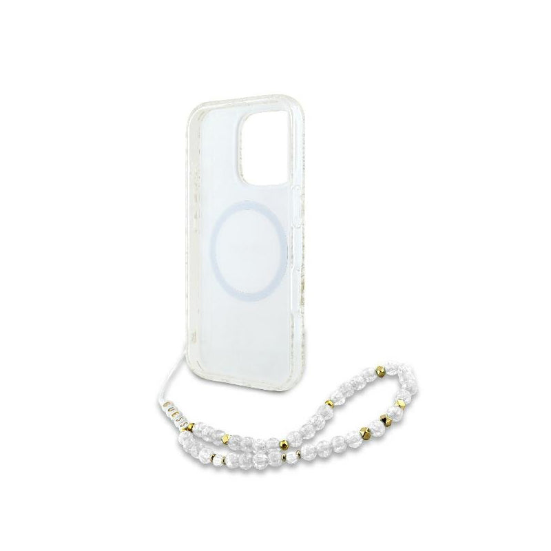 Husa MagSafe pentru Apple iPhone 16 Pro, Guess, IML Flowers Allover Electroplated with Pearl Strap