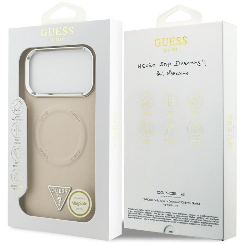 Husa MagSafe pentru Apple iPhone 17 Pro Max, Guess, Triangle Logo - Bej Argintie - NotebookGsm