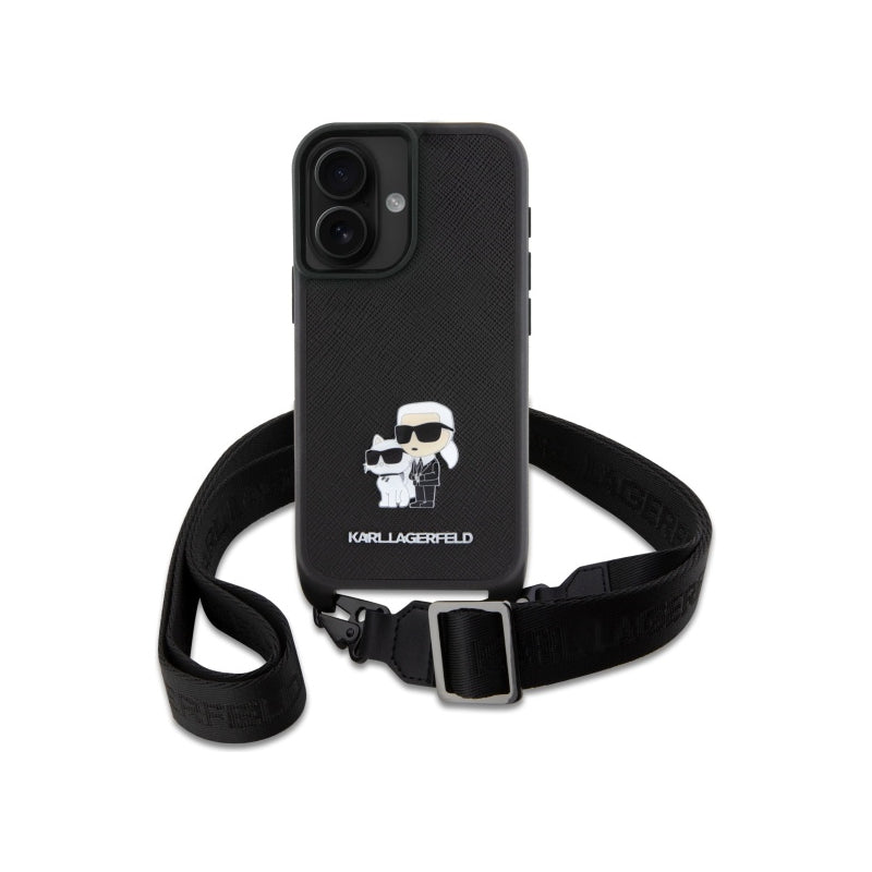 Husa pentru Apple iPhone 16, Karl Lagerfeld, Saffiano Crossbody Metal Pin Karl & Choupette