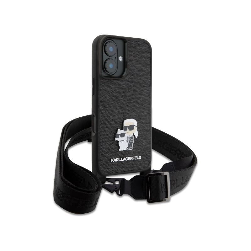 Husa pentru Apple iPhone 16, Karl Lagerfeld, Saffiano Crossbody Metal Pin Karl & Choupette
