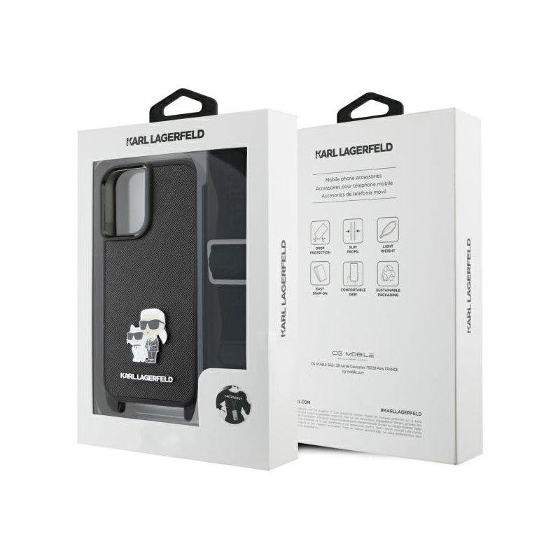 Husa pentru Apple iPhone 16, Karl Lagerfeld, Saffiano Crossbody Metal Pin Karl & Choupette