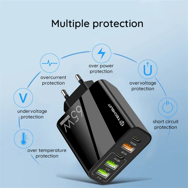 Incarcator Retea Cu Cablu USB-C Techsuit CHC2 PentaXPower, 20W, 3A, 3 x USB-A - 2 x USB-C