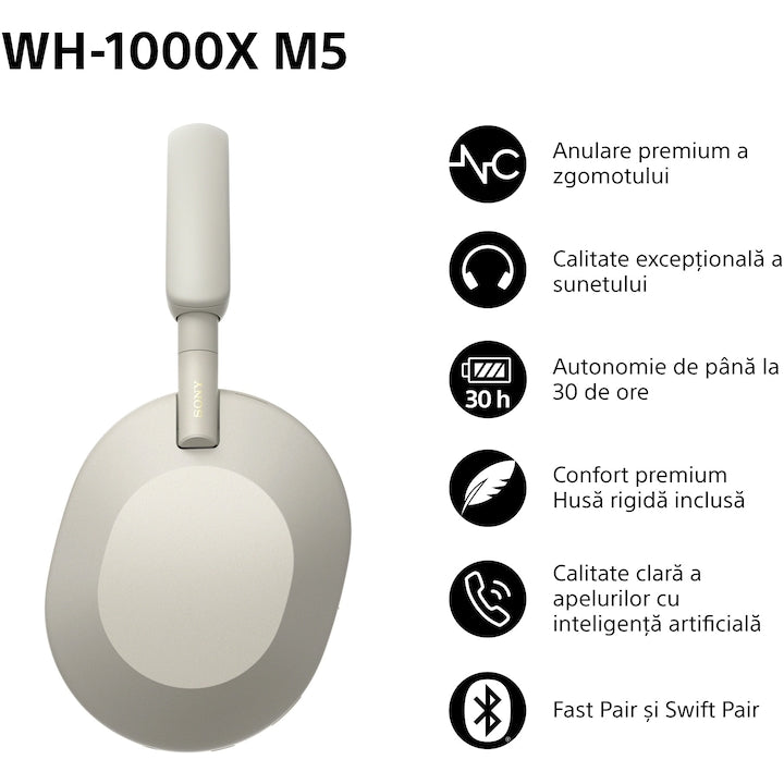 Casti Over the Ear Sony WH-1000XM5S, Wireless, Bluetooth, Noise cancelling, Autonomie baterie 30 ore, Microfon, Alexa si Google Assistant, Platinum Silver