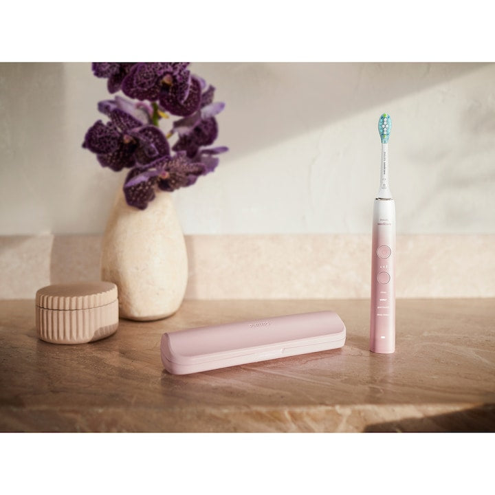 Periuta electrica sonica PHILIPS Sonicare DiamondClean Seria 9000 HX9911/79, 1 toc de transport, 4 capete C3, suport de incarcare, roz