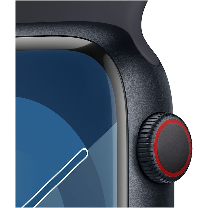 Apple Watch Series 9 GPS + Cellular, Carcasa Midnight Aluminium 45mm, Midnight Sport Band S/M (negru)