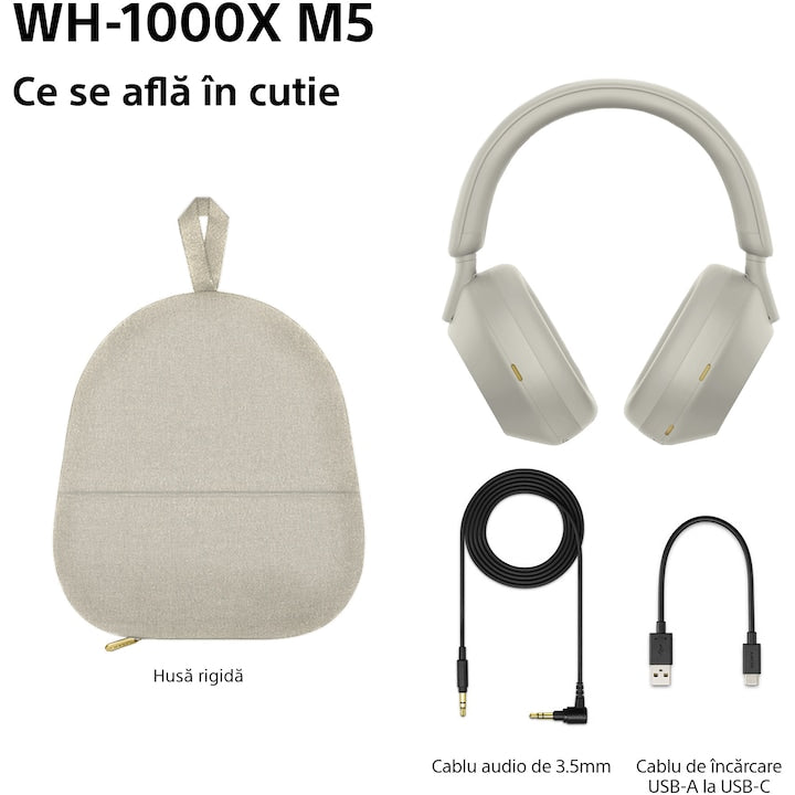 Casti Over the Ear Sony WH-1000XM5S, Wireless, Bluetooth, Noise cancelling, Autonomie baterie 30 ore, Microfon, Alexa si Google Assistant, Platinum Silver