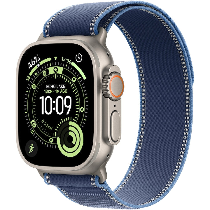 Apple Watch Ultra 3, GPS, Cellular, Carcasa Natural Titanium 49mm, Blue/Bright Blue Trail Loop - M/L