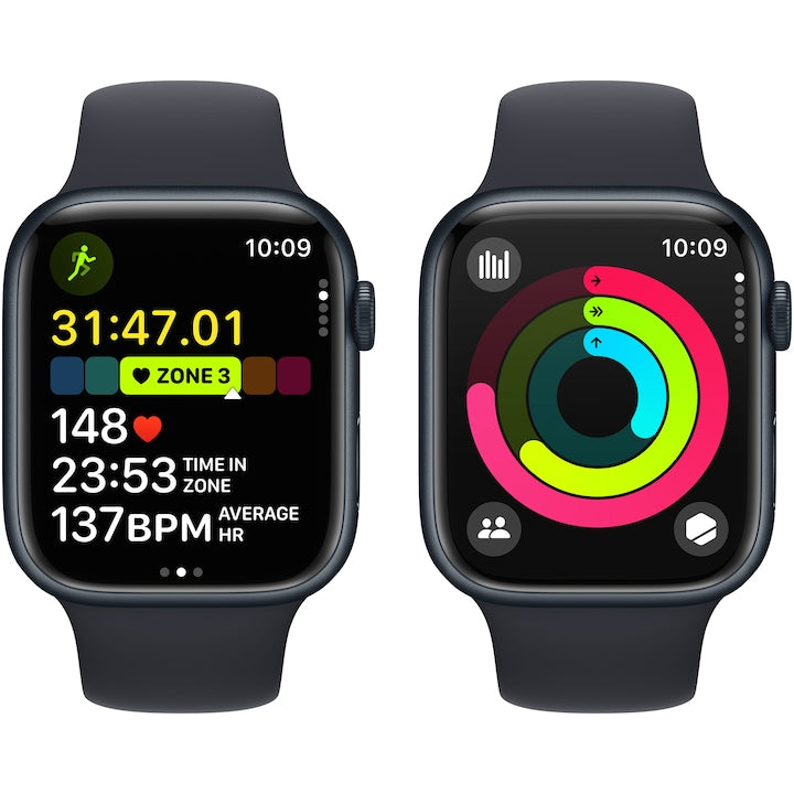 Apple Watch Series 9 GPS + Cellular, Carcasa Midnight Aluminium 45mm, Midnight Sport Band S/M (negru)