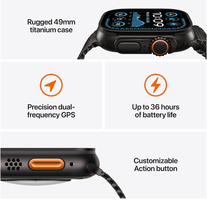 Apple Watch Ultra 2, GPS, Cellular, Carcasa Black Titanium 49mm, Black Trail Loop - M/L