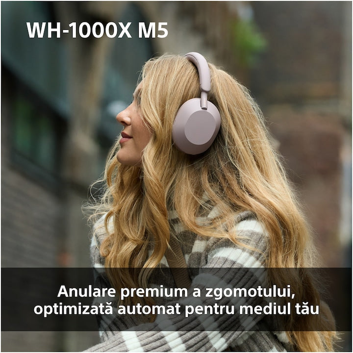 Casti Over the Ear Sony WH-1000XM5S, Wireless, Bluetooth, Noise cancelling, Autonomie baterie 30 ore, Microfon, Alexa si Google Assistant, Platinum Silver