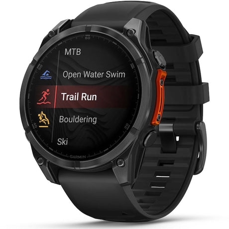 Ceas inteligent Garmin cu ecran AMOLED 47mm, design gri antracit și curea neagră