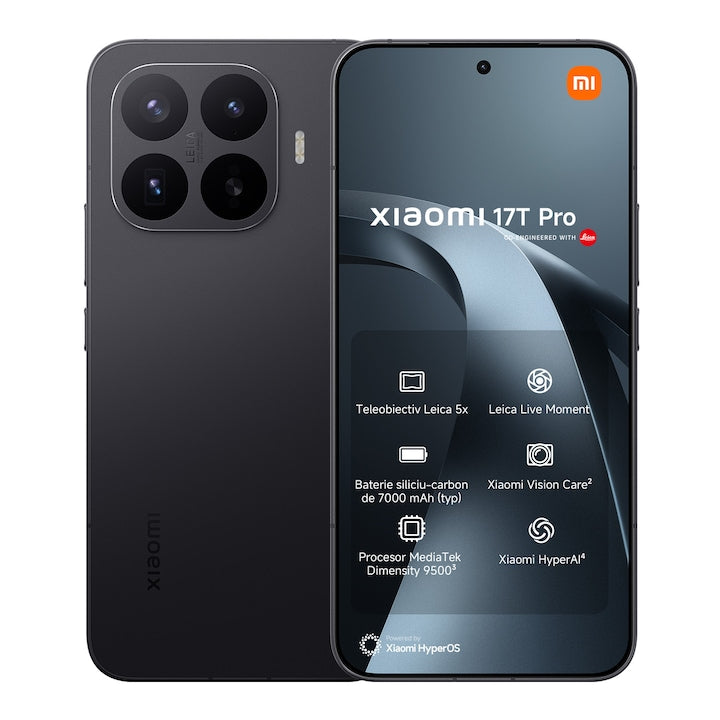 Xiaomi 17T Pro negru, vedere din spate și din față