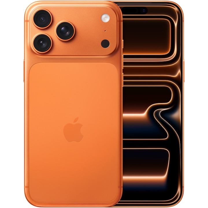 Apple iPhone 17 Pro Max portocaliu, vedere din spate și din față