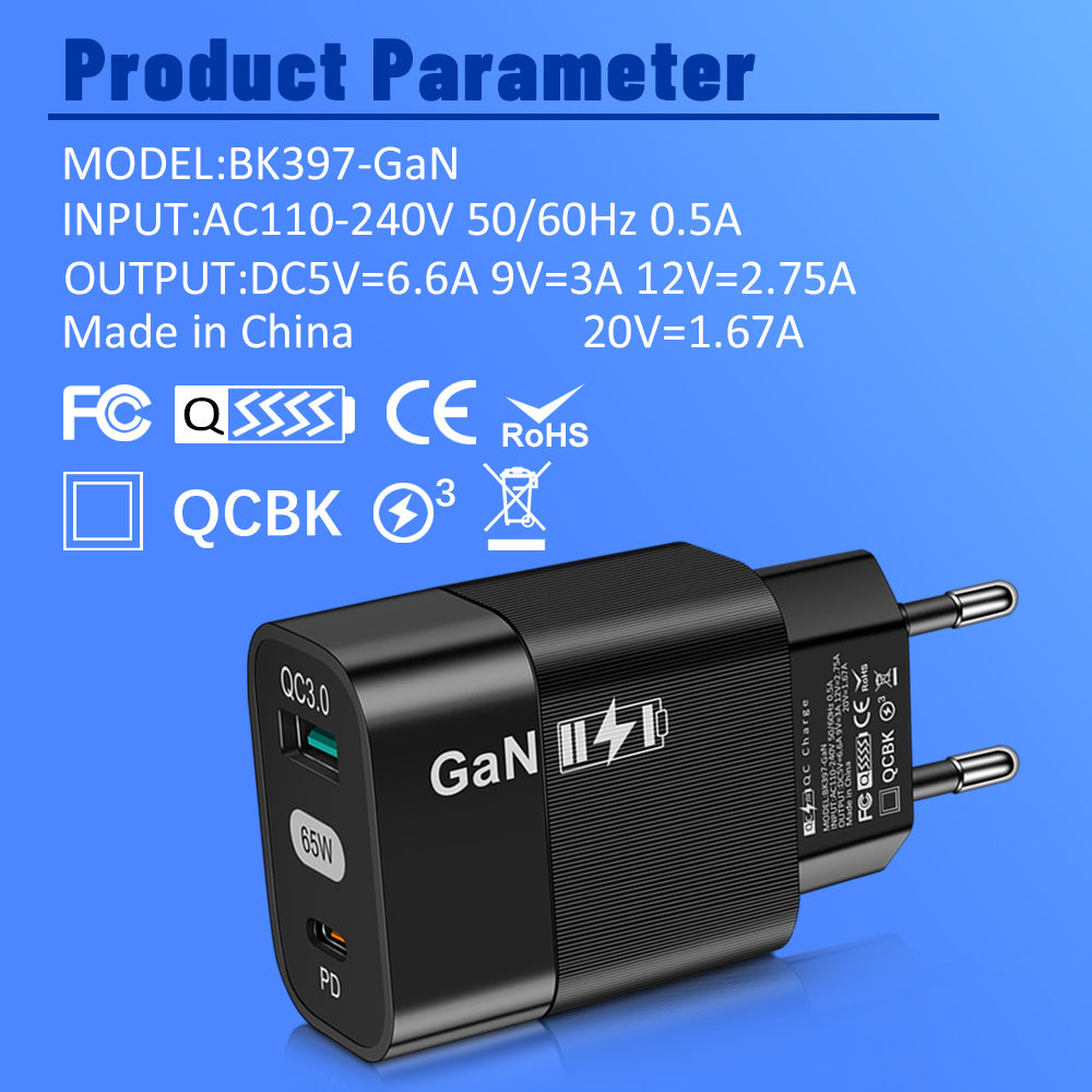 Incarcator Techsuit (CHPD131), GaN, USB, Type-C, Fast Charge, 65W, Negru