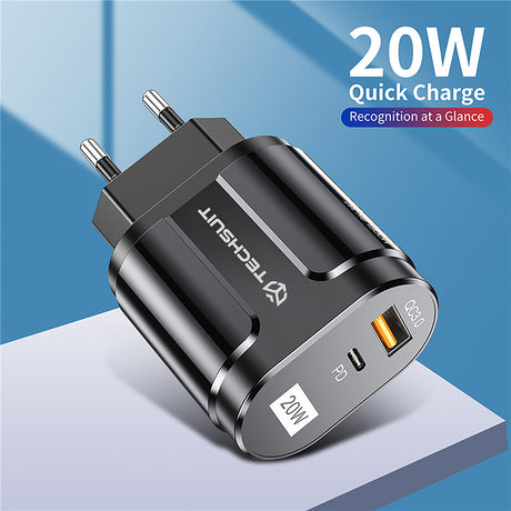 Incarcator Techsuit Premium (CHPD038), USB-A, QC 3.0, USB-C, 20W, Negru