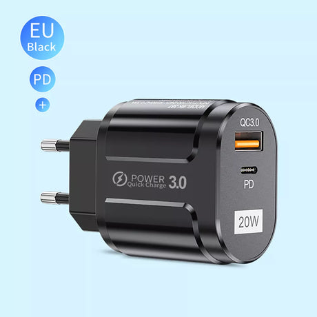 Incarcator Techsuit Premium (CHPD038), USB-A, QC 3.0, USB-C, 20W, Negru