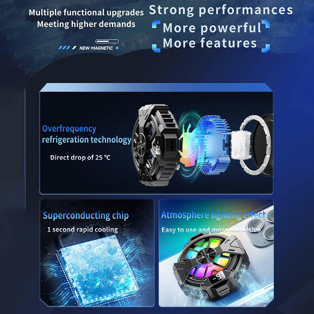 Accesoriu gaming Techsuit Phone Cooler (P60), Magnetic, RGB Lights, Temperature Display, Low Noise, Two Speeds, for iOS and Android, Negru