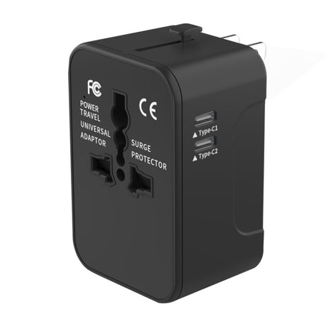 Incarcator Techsuit Travel Adapter (HHT202-2C), 2 x USB-C, EU, UK, AUS, US, Negru