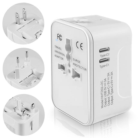 Incarcator Techsuit Travel Adapter (HHT202-2C), 2 x USB-C, EU, UK, AUS, US, Alb