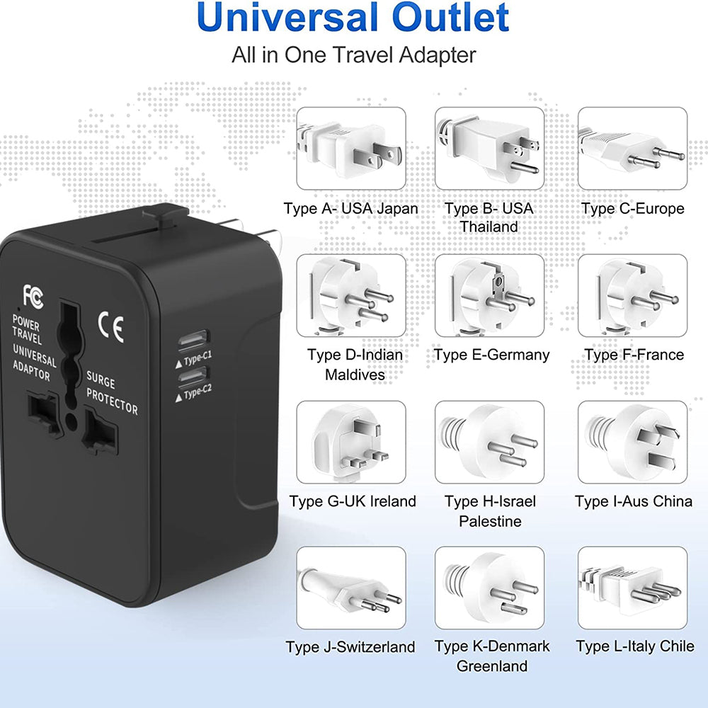 Incarcator Techsuit Travel Adapter (HHT202-2C), 2 x USB-C, EU, UK, AUS, US, Negru