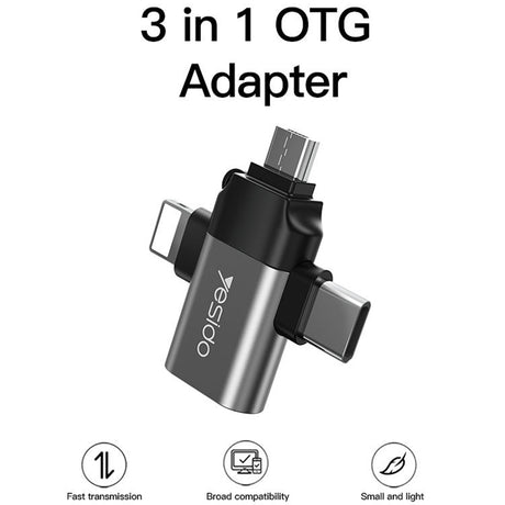 Adaptor Yesido OTG Adapter (GS15), USB to Lightning, Micro-USB, Type-C, Plug & Play, 480Mbps, Negru