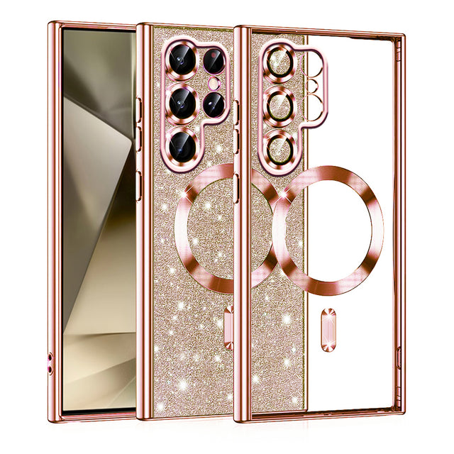 Husa de protectie Techsuit Luxury Glitter MagSafe compatibil cu Samsung Galaxy S22 Ultra 5G, Roz Auriu