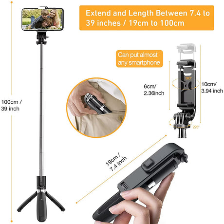 Suport Techsuit Selfie Stick (L02), Stable Tripod with Bluetooth Remote Control, GoPro Compatible, 360 Rotation, 100cm, Negru
