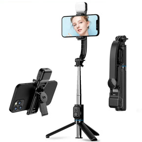 Suport Techsuit Selfie Stick (C01s), with Foldable Stable Tripod, Bluetooth Remote Control, Fill Light, 107cm, Negru