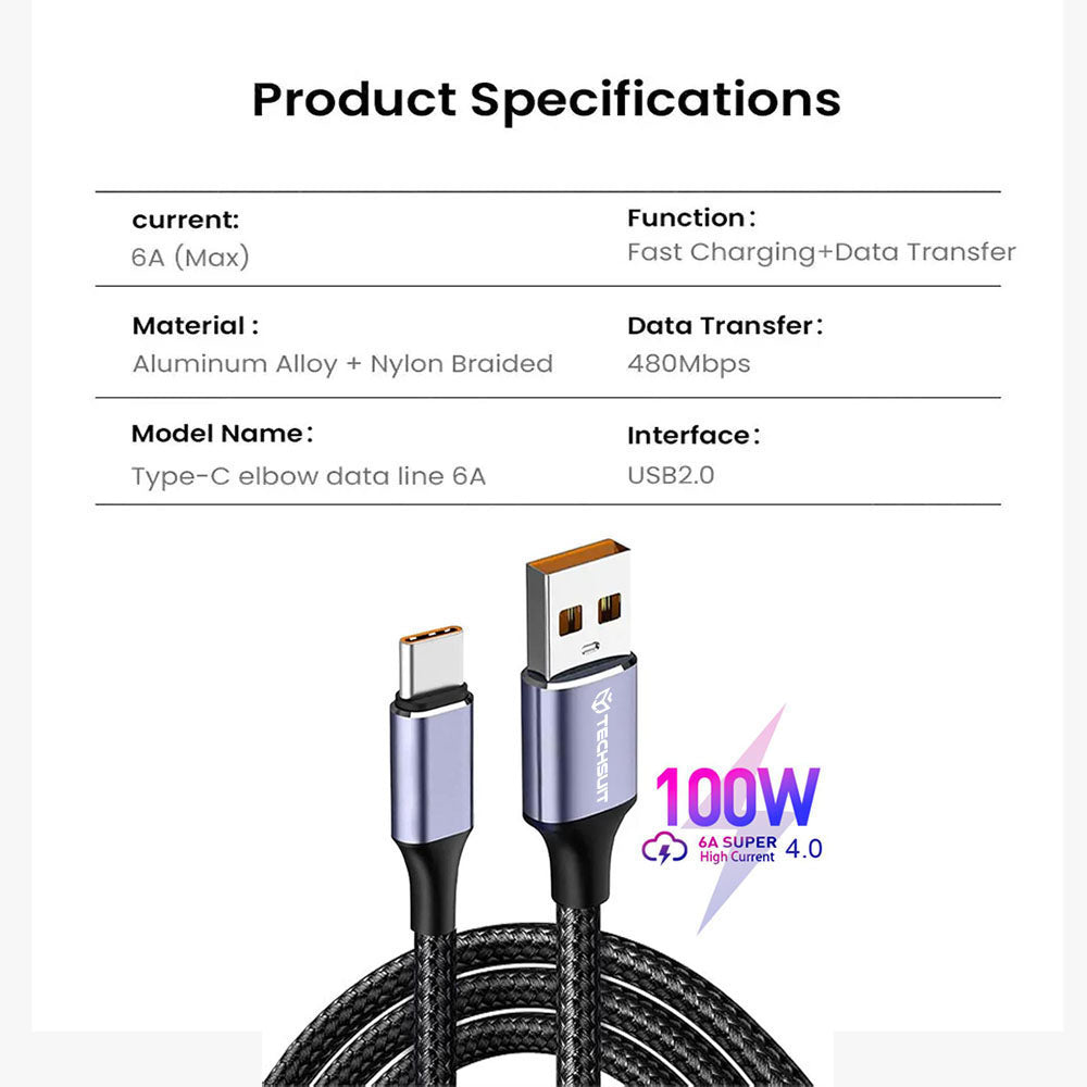 Cablu Techsuit (PCB018), USB-A to Type-C, Super Fast Charging, 100W, 480Mbps, 6A, Nylon, Aluminum Alloy, 1m, Negru