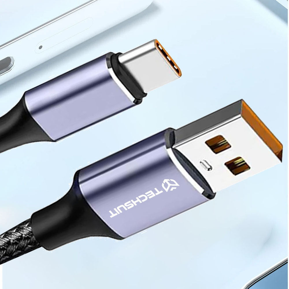 Cablu Techsuit (PCB018), USB-A to Type-C, Super Fast Charging, 100W, 480Mbps, 6A, Nylon, Aluminum Alloy, 1m, Negru