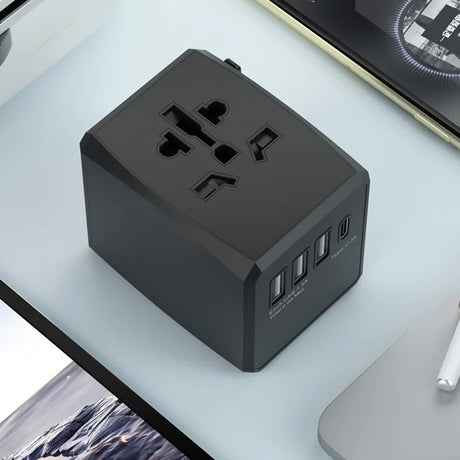 Incarcator Techsuit Travel Adapter (HHT904-B1), PD15W, 3 x USB, Type-C, EU, UK, AUS, US, Negru
