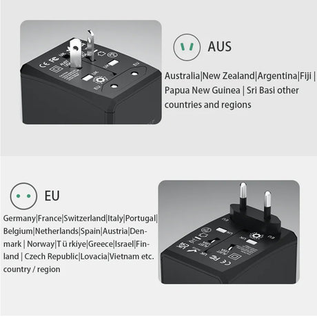 Incarcator Techsuit Travel Adapter (HHT904-B3), PD30W, 3 x USB, Type-C, EU, UK, AUS, US, Negru