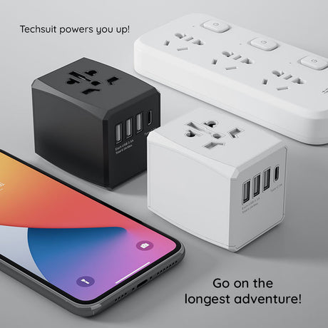 Incarcator Techsuit Travel Adapter (HHT904-B3), PD30W, 3 x USB, Type-C, EU, UK, AUS, US, Negru