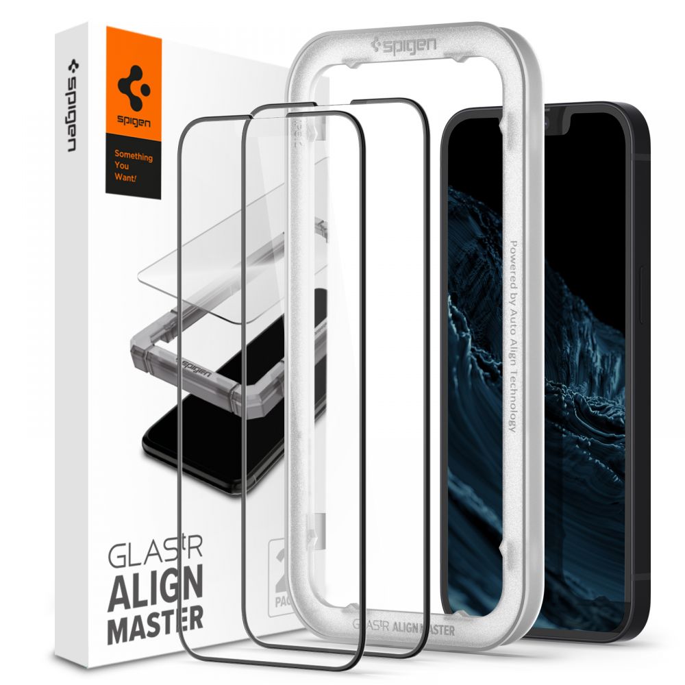 Folie de protectie Spigen (set de 2) Glas.tR Align Master (AGL03387) compatibil cu iPhone 13 / iPhone 13 Pro / iPhone 14 / iPhone 16e / iPhone 17e, Negru