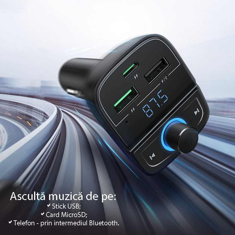 Gadget Ugreen FM Modulator with Car Charger CD229 (80910), 2x USB-A, 1xType-C, TF Card Slot with LED Display, 31.5W, Negru