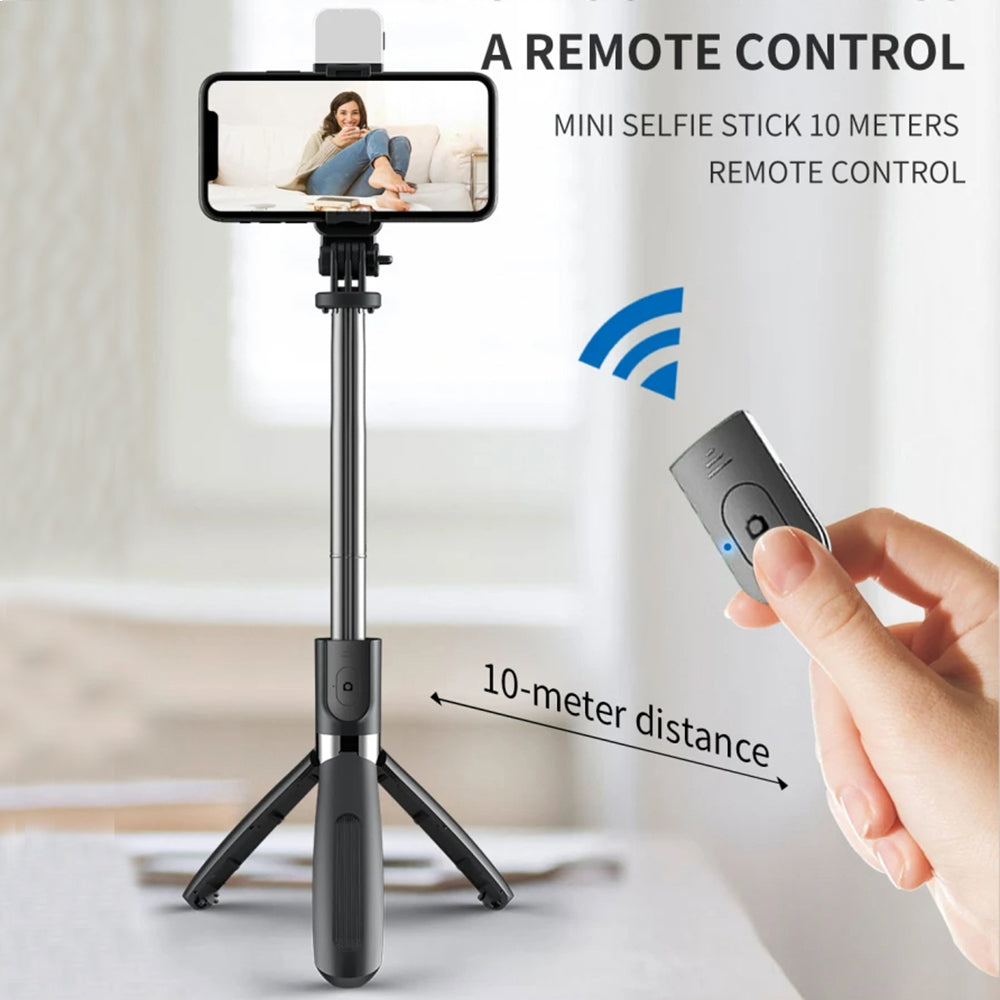 Suport Techsuit Selfie Stick (L02s), Stable Tripod with Bluetooth Remote Control and Fill Light, Stainless Steel, 104cm, Negru