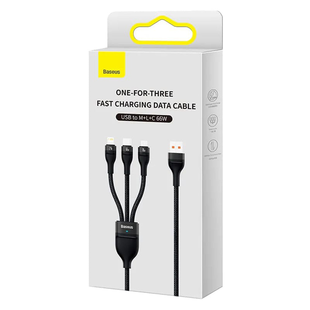 Cablu Baseus Flash Series 2 (CASS040001), Fast Charge, USB to Type-C, Lightning, Micro-USB, 66W, 1.2 m, Negru