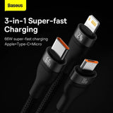 Cablu Baseus Flash Series 2 (CASS040001), Fast Charge, USB to Type-C, Lightning, Micro-USB, 66W, 1.2 m, Negru