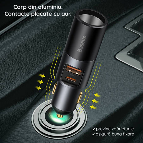 Incarcator Baseus Car Share Together (CCBT-C0G), with Cigarette Lighter Expansion, USB-A, Type-C, 120W, Gri