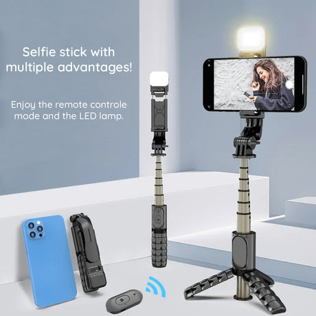 Suport Techsuit Mini Selfie Stick (Q10s), Stable Tripod with Bluetooth Remote Control, Fill Light, 360 Rotation, 70cm, Negru