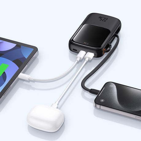 Baterie externa Baseus Qpow Pro+ (P10067101113-00), Lightning, 2xType-C, USB, 22.5W, Fast Charge, 10000mAh, Cable USB-C, Negru