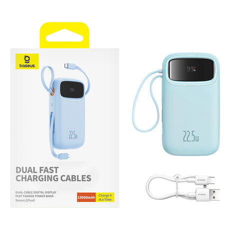 Baterie externa Baseus Qpow Pro+ (P10055003313-00), Lightning, 2x Type-C, USB, 22.5W, 10000mAh, Cable Type-C, 30cm, Albastru
