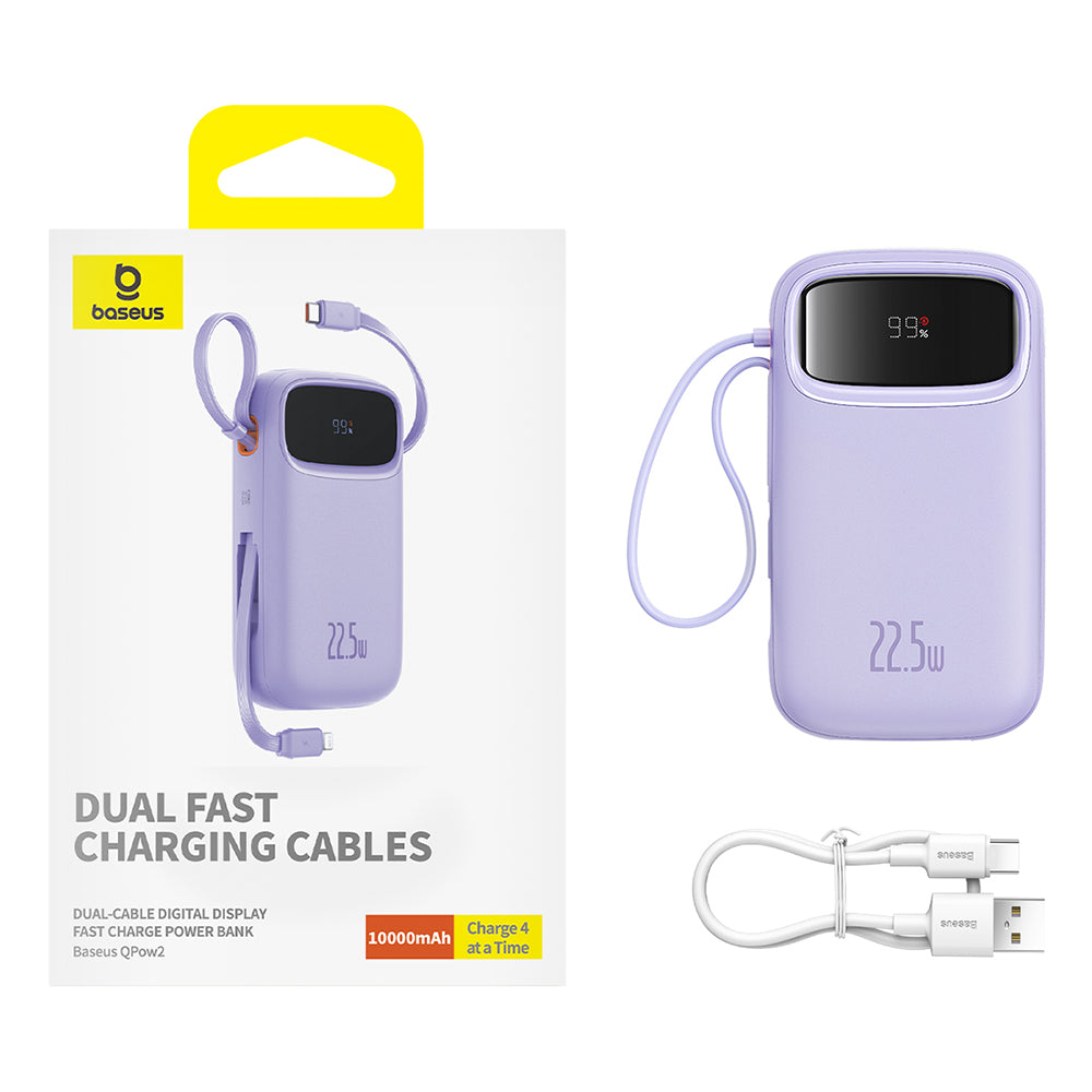 Baterie externa Baseus Qpow Pro+ (P10055003513-00), Lightning, 2x Type-C, USB, 22.5W, 10000mAh, Cable Type-C, 30cm, Mov