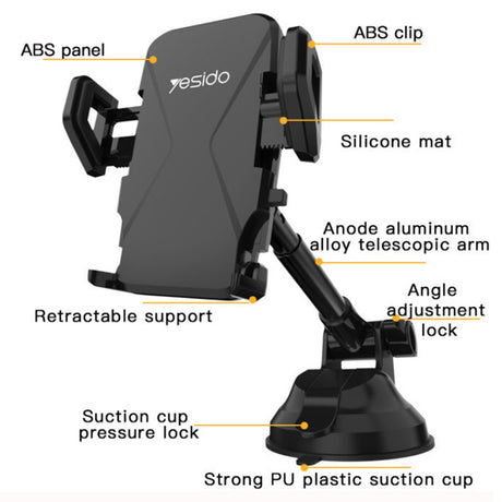 Suport Yesido (C40), Extendable Arm for Dashboard, Windshield, Negru