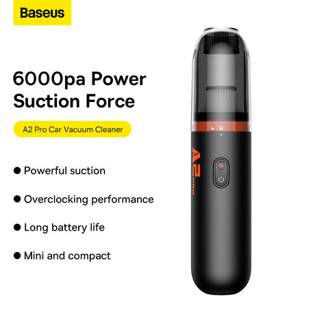 Baseus Cordless Car Vacuum Cleaner A2 Pro (VCAQ040001), 6000Pa, 80W, 2000mAh, Type-C, 120ml Dust Bin, HEPA Filter, Negru