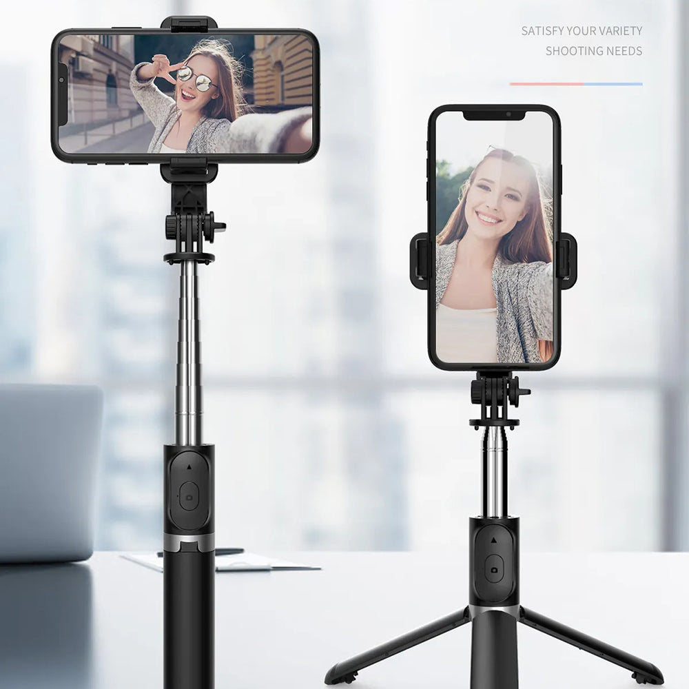 Suport Techsuit Selfie Stick (Q02), Foldable Tripod with Bluetooth Remote Control, 360 Rotation, Stainless Steel, 103cm, Negru